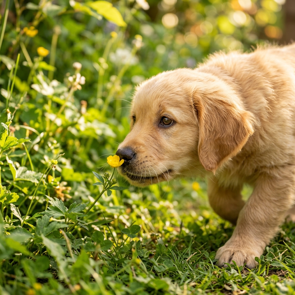 Candid Golden Retriever puppy in a sunny garden sniffing a flower